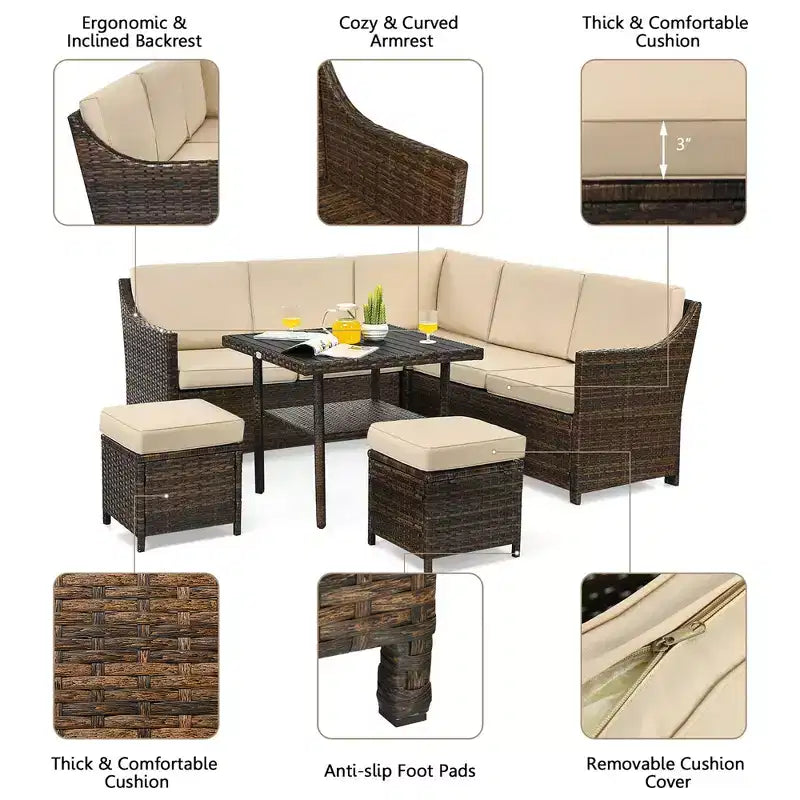 Costway Ensemble de meubles de salle à manger 6 pièces en rotin pour patio avec pouf et étagère inférieure