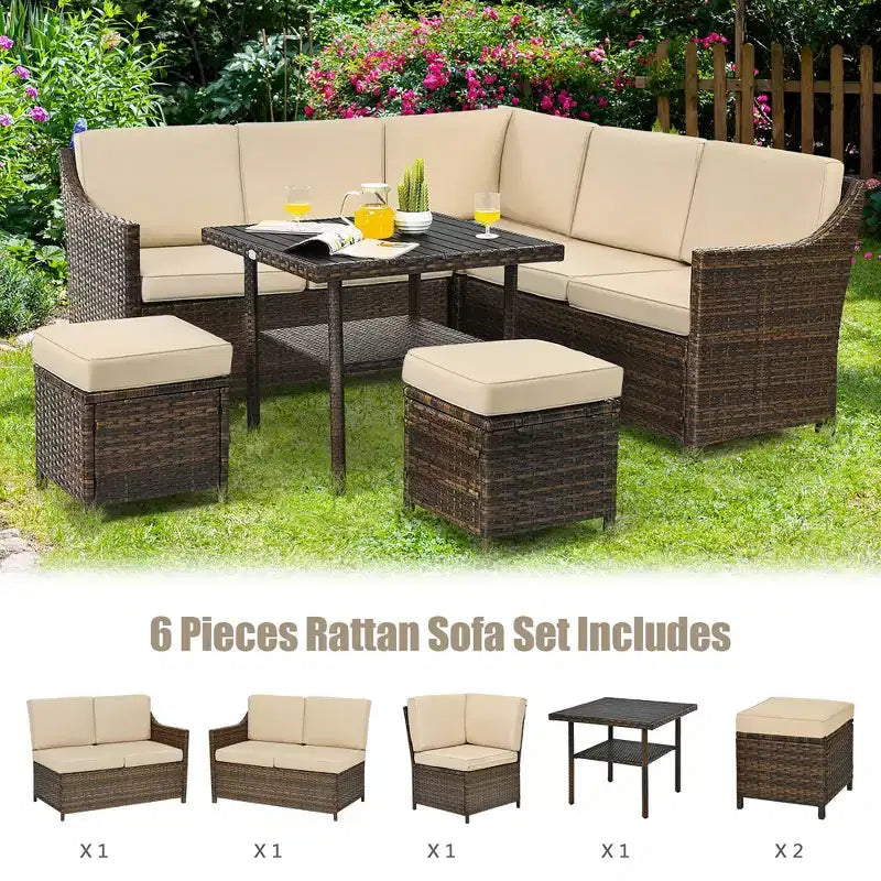 Costway Ensemble de meubles de salle à manger 6 pièces en rotin pour patio avec pouf et étagère inférieure