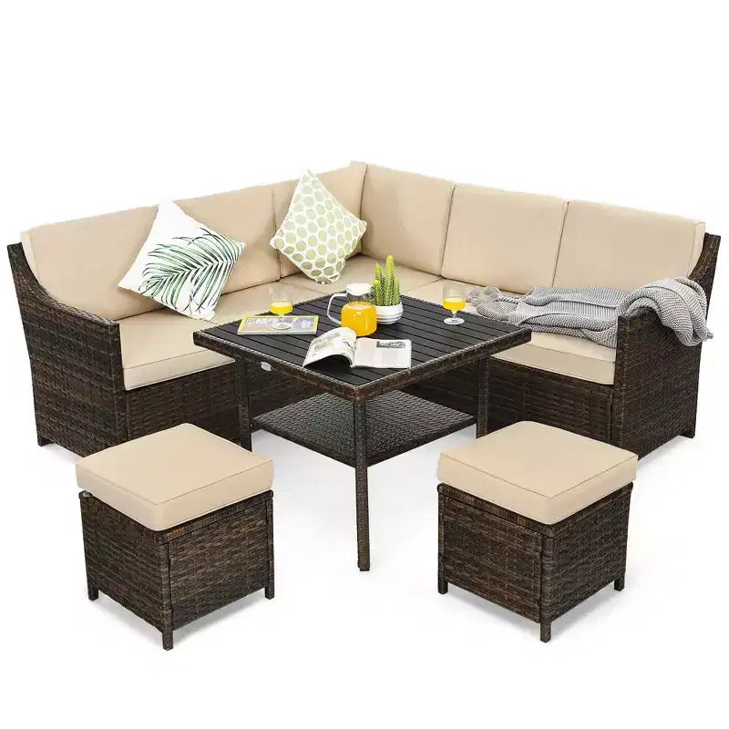 Costway Ensemble de meubles de salle à manger 6 pièces en rotin pour patio avec pouf et étagère inférieure