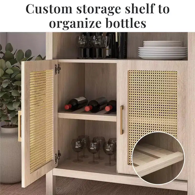 Meuble de Rangement Bohème à Arches avec 2 Portes en Faux Rotin, 5 Étagères Réglables pour Salon, Cuisine, Beige