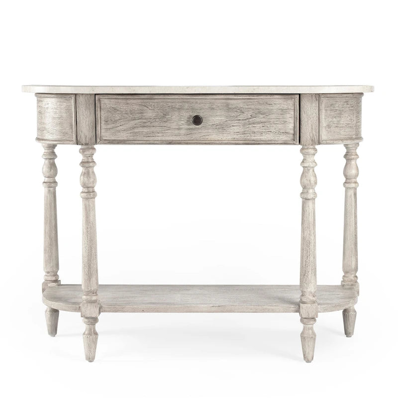 Table console avec plateau en marbre – Marron clair / gris / noir délavé, demi-lune, montage par une personne