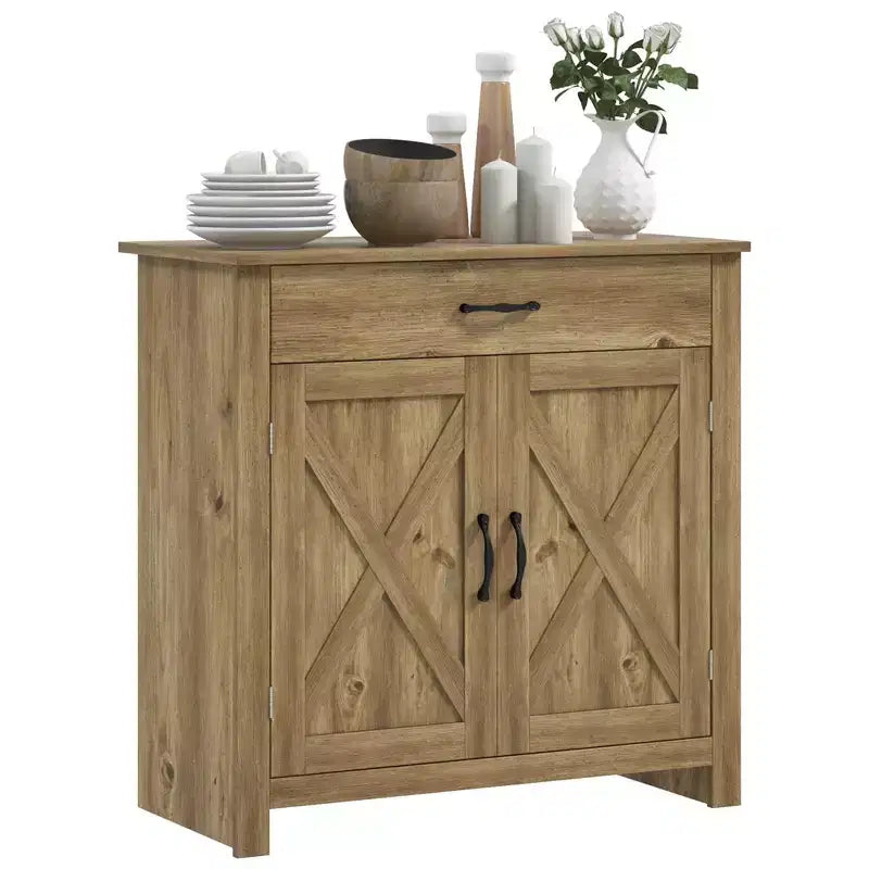 32 Farmhouse Barn Door Style Sideboard, Buffet Storage Cabinet Coffee Bar for Living Room or Entryway