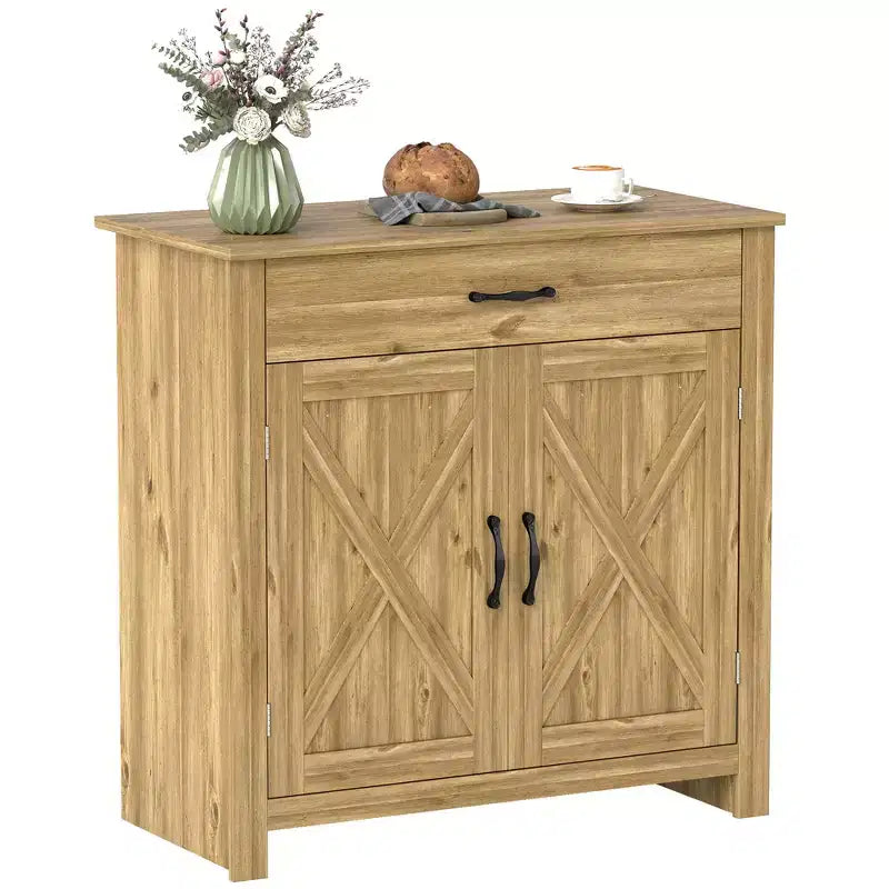 32 Farmhouse Barn Door Style Sideboard, Buffet Storage Cabinet Coffee Bar for Living Room or Entryway