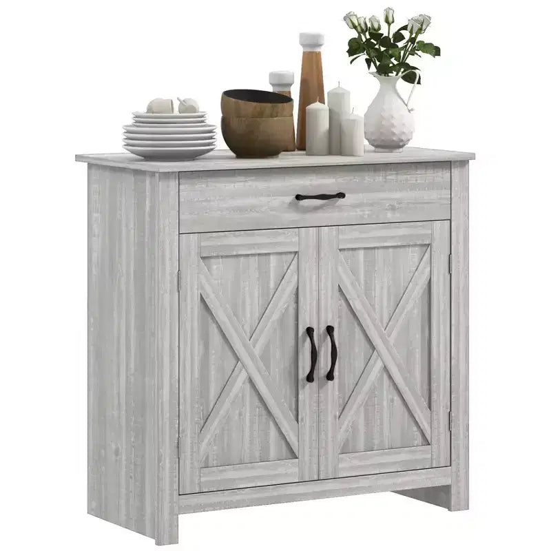 32 Farmhouse Barn Door Style Sideboard, Buffet Storage Cabinet Coffee Bar for Living Room or Entryway