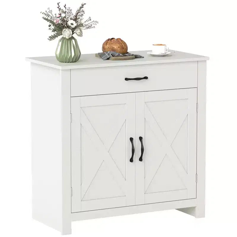 32 Farmhouse Barn Door Style Sideboard, Buffet Storage Cabinet Coffee Bar for Living Room or Entryway