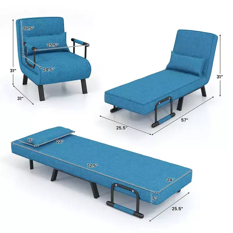 Fauteuil pliant 6 positions, convertible en lit avec oreiller, bleu