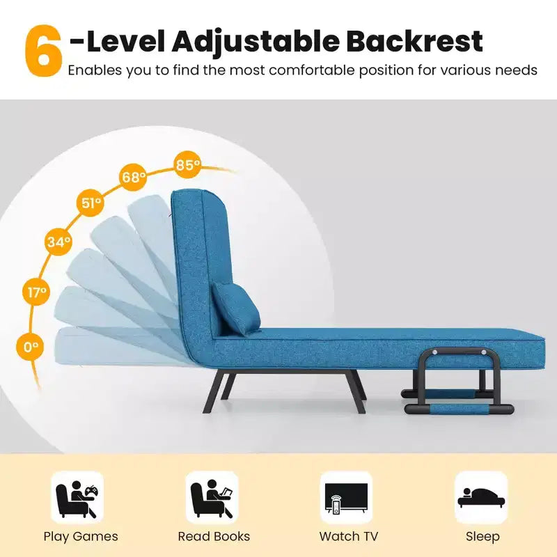 Folding 6 Position Armchair Lounge Couch Convertible Sleeper Bed w/ Pillow Blue