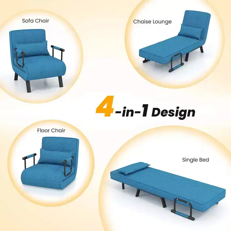 Fauteuil pliant 6 positions, convertible en lit avec oreiller, bleu