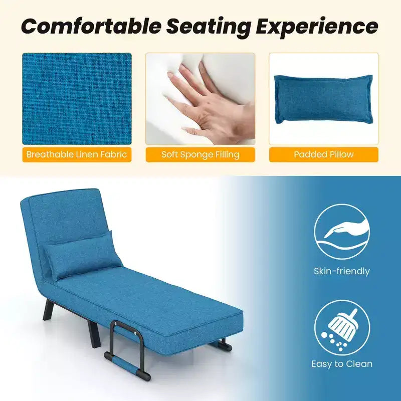 Fauteuil pliant 6 positions, convertible en lit avec oreiller, bleu