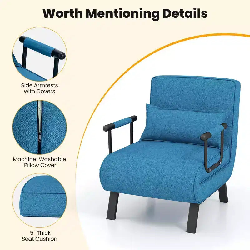 Fauteuil pliant 6 positions, convertible en lit avec oreiller, bleu