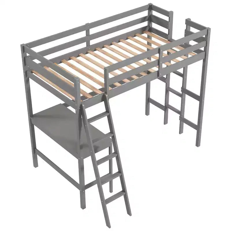 Lit mezzanine double avec bureau et étagère, 2 échelles et garde-corps pour chambre d'enfant/adolescent Marron/Gris/Blanc