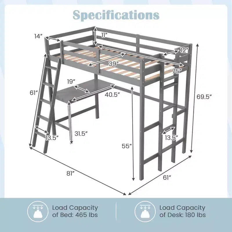 Lit mezzanine double avec bureau et étagère, 2 échelles et garde-corps pour chambre d'enfant/adolescent Marron/Gris/Blanc