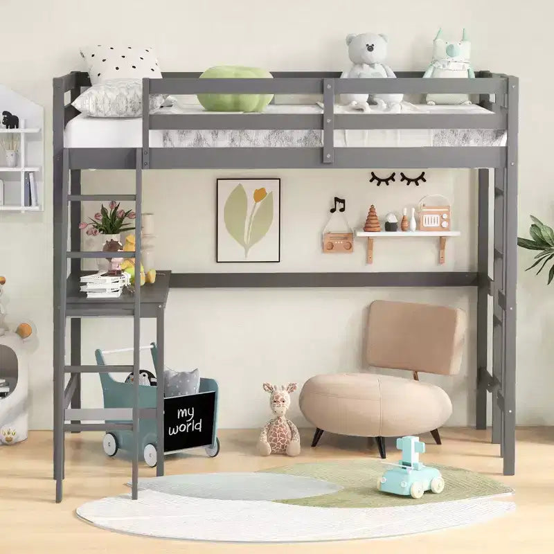 Lit mezzanine double avec bureau et étagère, 2 échelles et garde-corps pour chambre d'enfant/adolescent Marron/Gris/Blanc