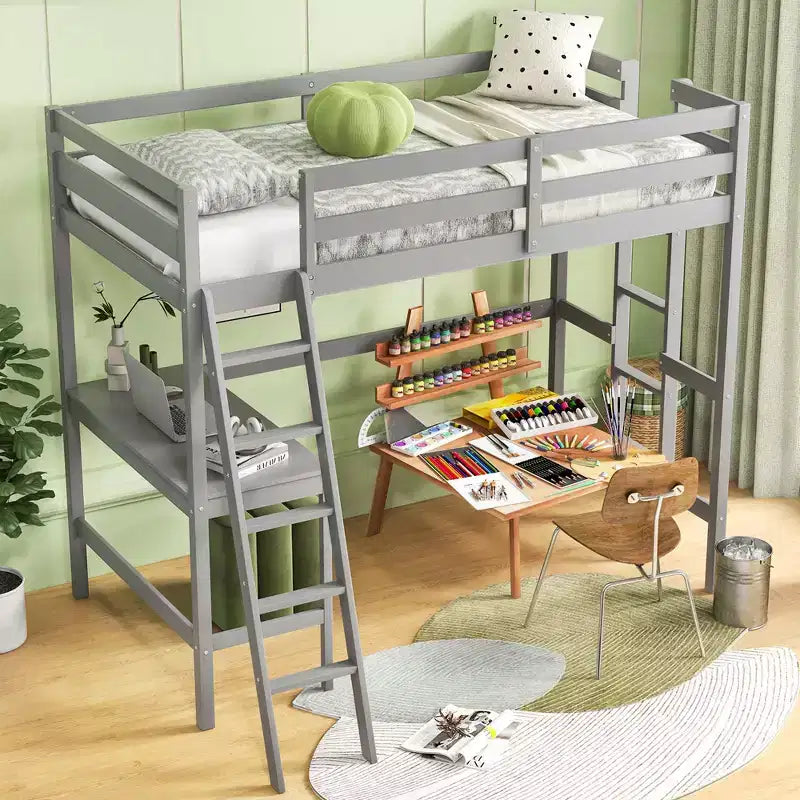 Lit mezzanine double avec bureau et étagère, 2 échelles et garde-corps pour chambre d'enfant/adolescent Marron/Gris/Blanc
