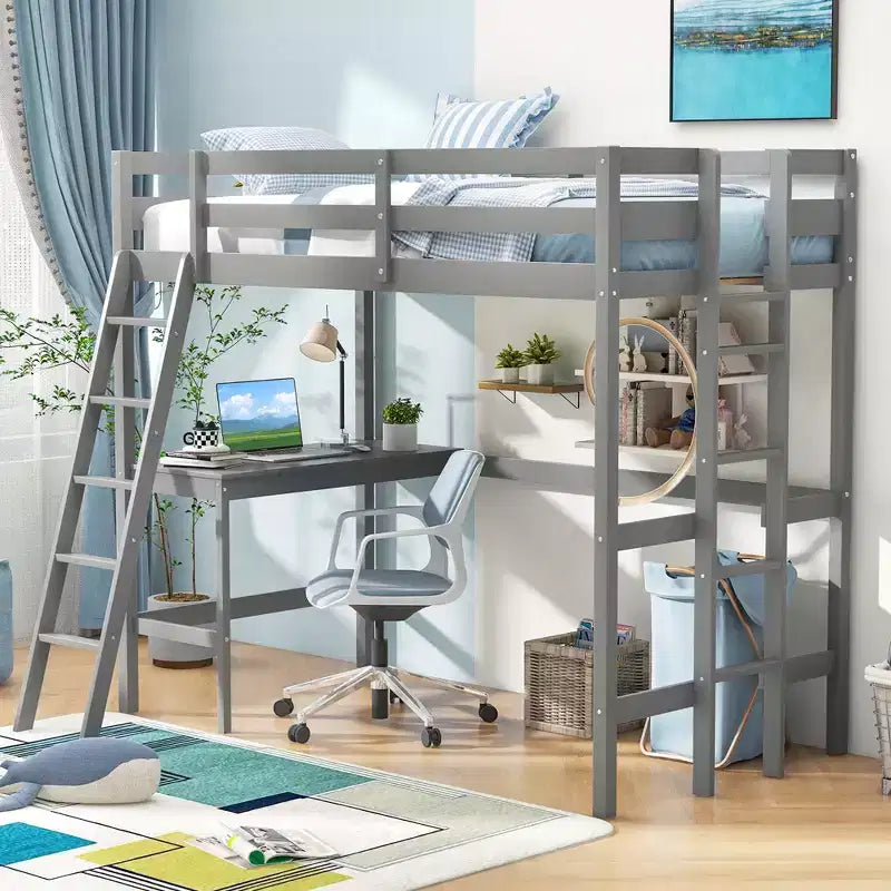 Lit mezzanine double avec bureau et étagère, 2 échelles et garde-corps pour chambre d'enfant/adolescent Marron/Gris/Blanc