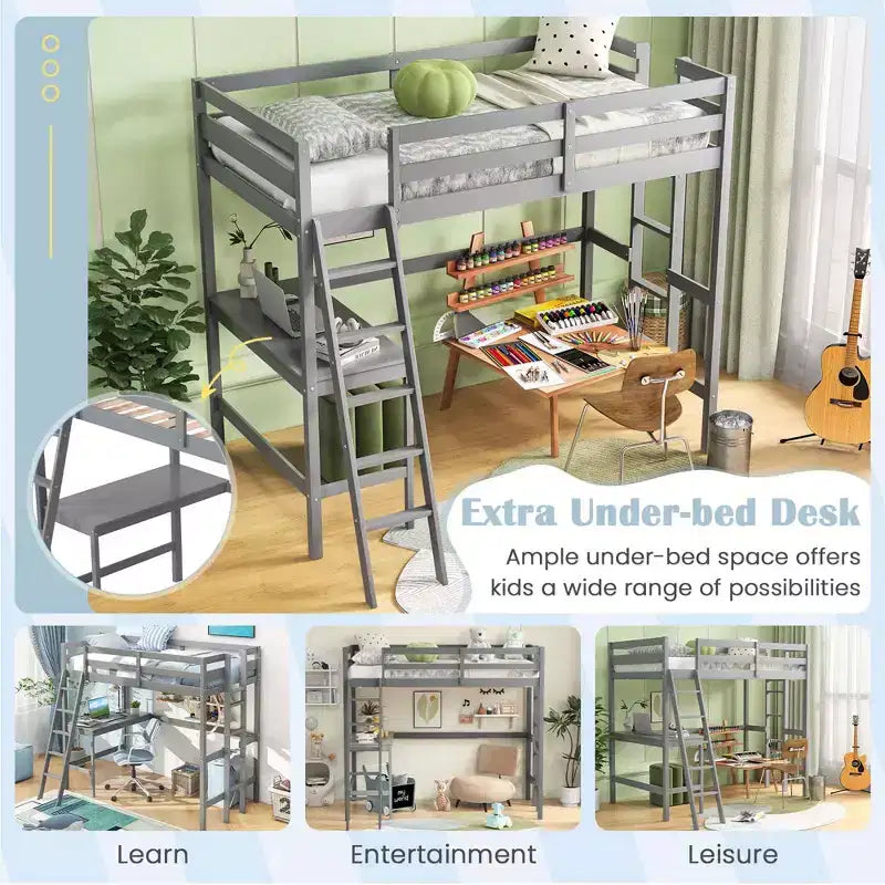 Lit mezzanine double avec bureau et étagère, 2 échelles et garde-corps pour chambre d'enfant/adolescent Marron/Gris/Blanc