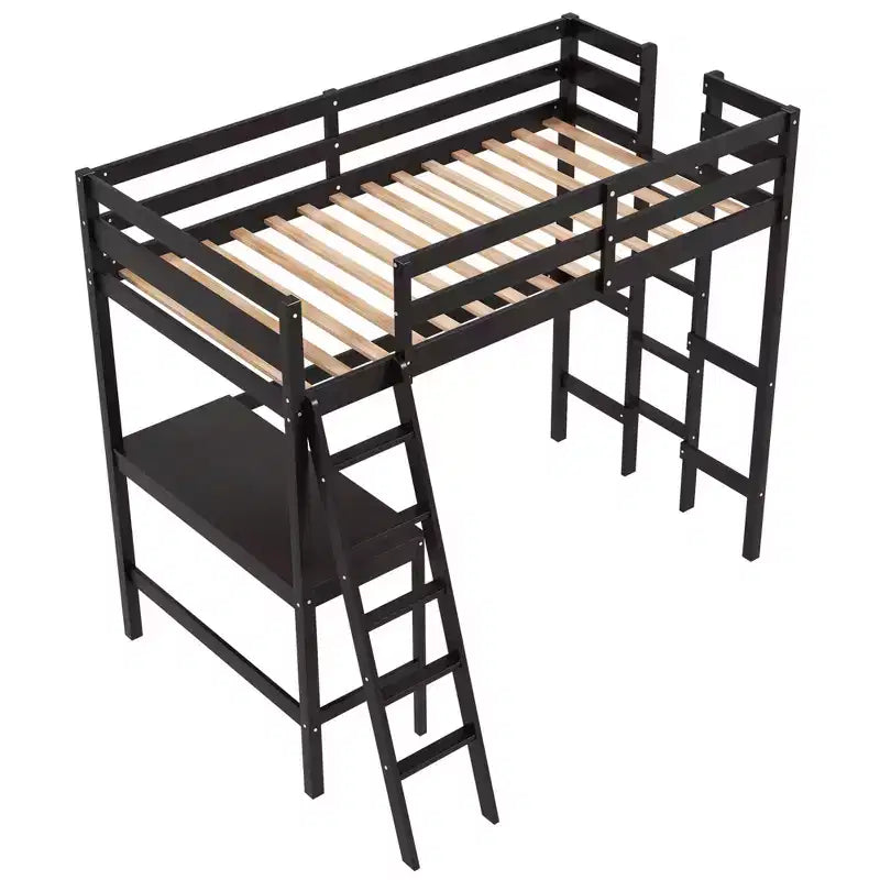 Lit mezzanine double avec bureau et étagère, 2 échelles et garde-corps pour chambre d'enfant/adolescent Marron/Gris/Blanc