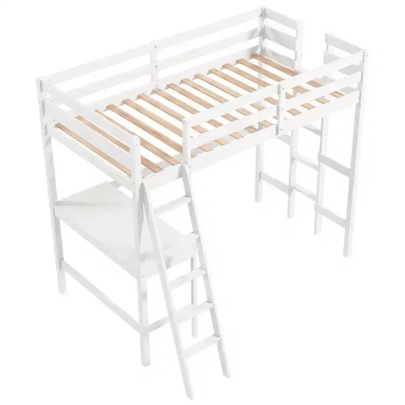 Lit mezzanine double avec bureau et étagère, 2 échelles et garde-corps pour chambre d'enfant/adolescent Marron/Gris/Blanc