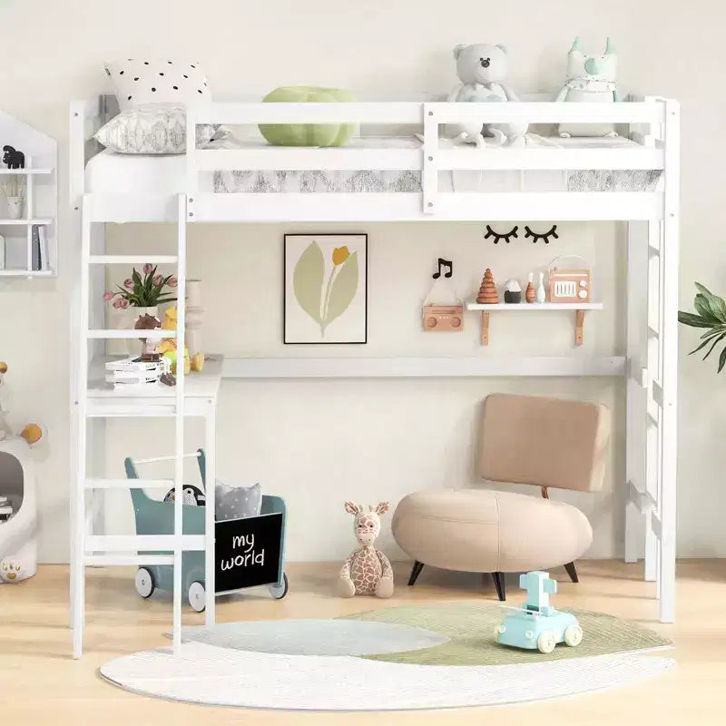 Lit mezzanine double avec bureau et étagère, 2 échelles et garde-corps pour chambre d'enfant/adolescent Marron/Gris/Blanc