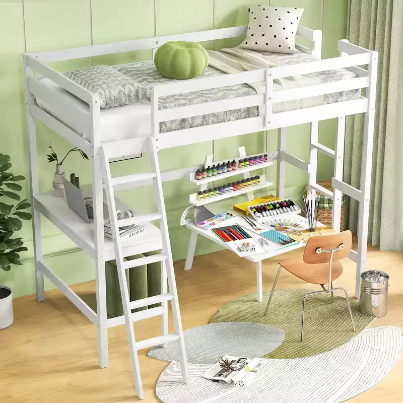 Lit mezzanine double avec bureau et étagère, 2 échelles et garde-corps pour chambre d'enfant/adolescent Marron/Gris/Blanc