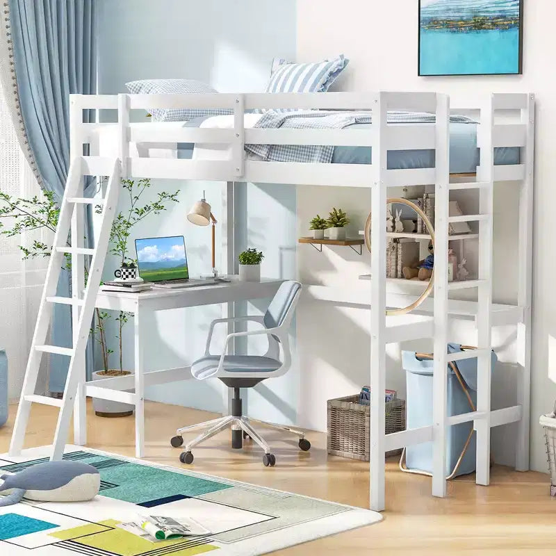 Lit mezzanine double avec bureau et étagère, 2 échelles et garde-corps pour chambre d'enfant/adolescent Marron/Gris/Blanc