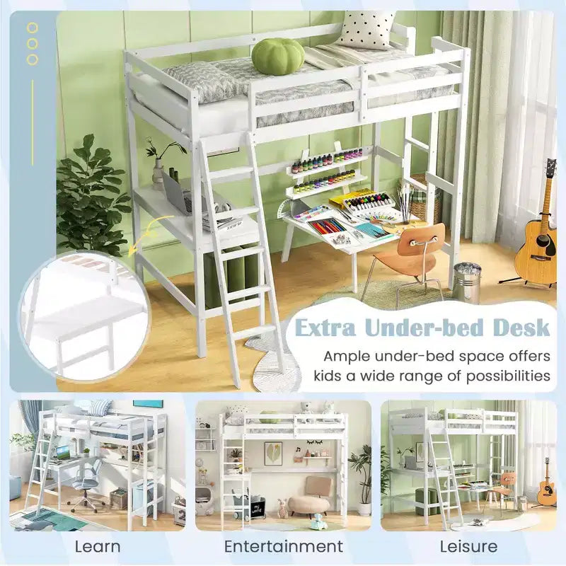 Lit mezzanine double avec bureau et étagère, 2 échelles et garde-corps pour chambre d'enfant/adolescent Marron/Gris/Blanc