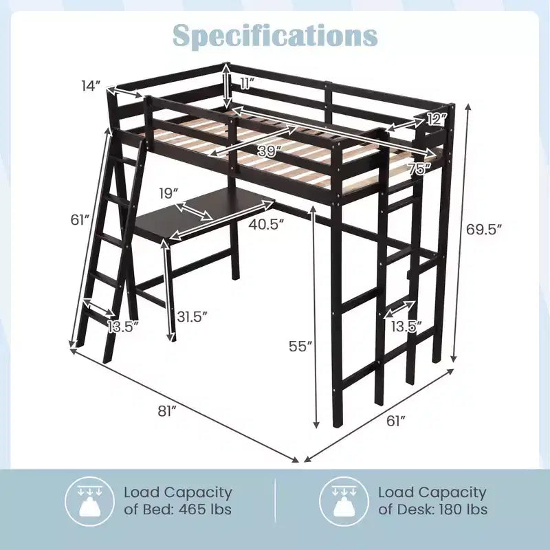 Twin Size Loft Bed w/ Desk & Shelf 2 Ladders & Guard Rail for Kids Teens Bedroom Brown/Grey/White