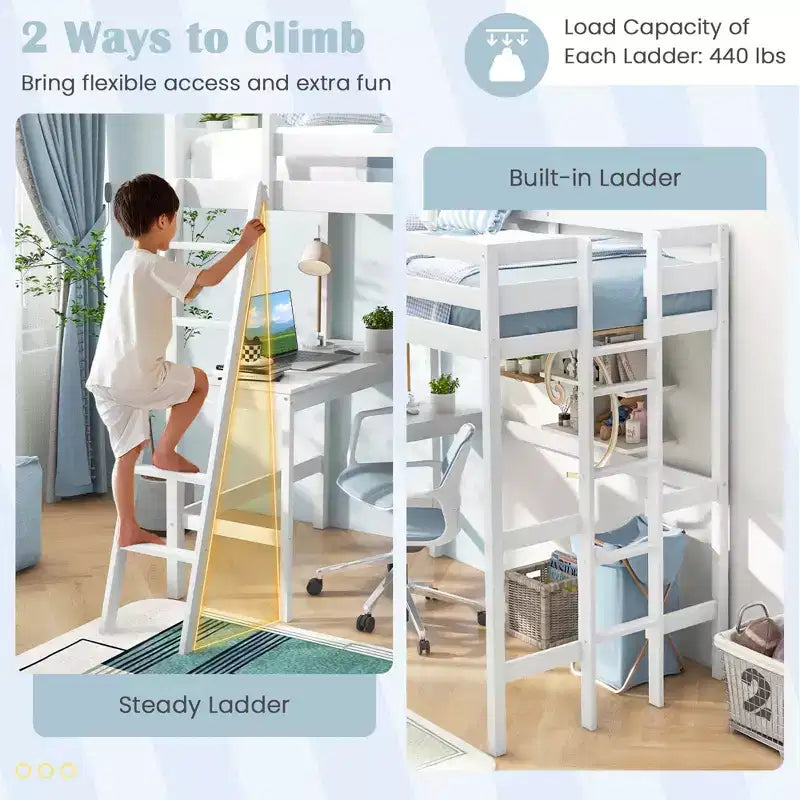 Lit mezzanine double avec bureau et étagère, 2 échelles et garde-corps pour chambre d'enfant/adolescent Marron/Gris/Blanc