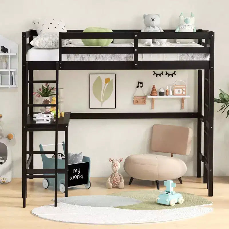 Lit mezzanine double avec bureau et étagère, 2 échelles et garde-corps pour chambre d'enfant/adolescent Marron/Gris/Blanc