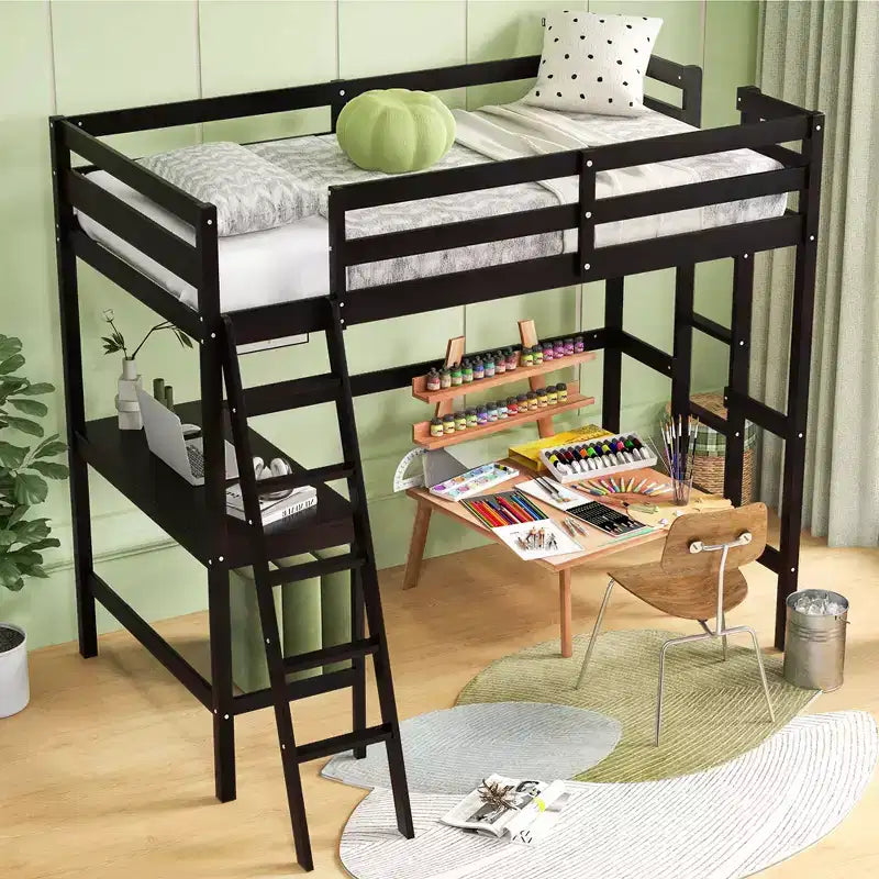 Twin Size Loft Bed w/ Desk & Shelf 2 Ladders & Guard Rail for Kids Teens Bedroom Brown/Grey/White