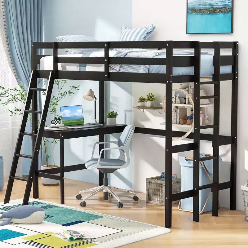 Lit mezzanine double avec bureau et étagère, 2 échelles et garde-corps pour chambre d'enfant/adolescent Marron/Gris/Blanc