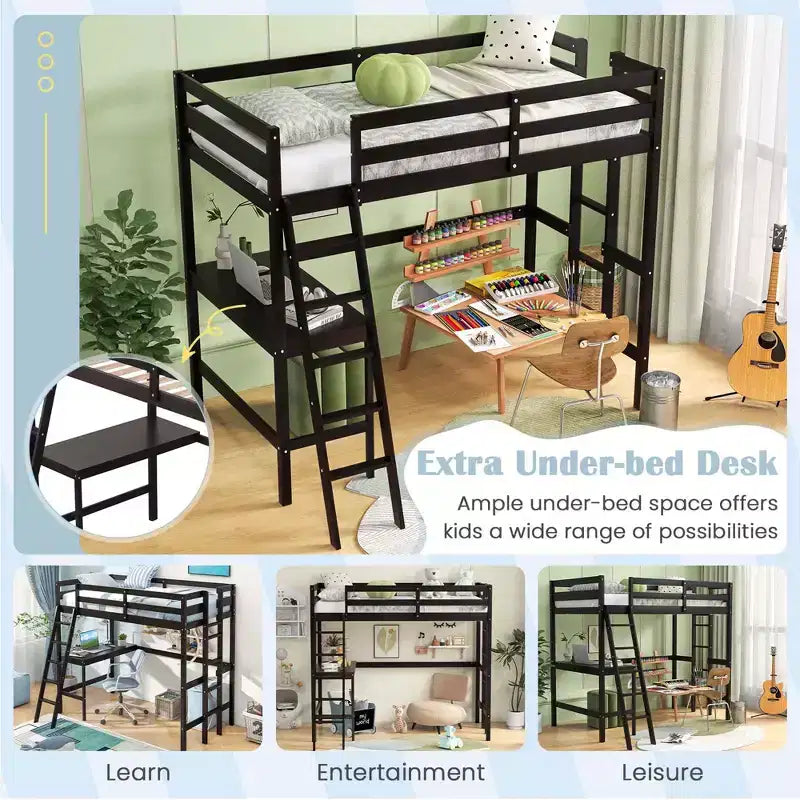 Lit mezzanine double avec bureau et étagère, 2 échelles et garde-corps pour chambre d'enfant/adolescent Marron/Gris/Blanc