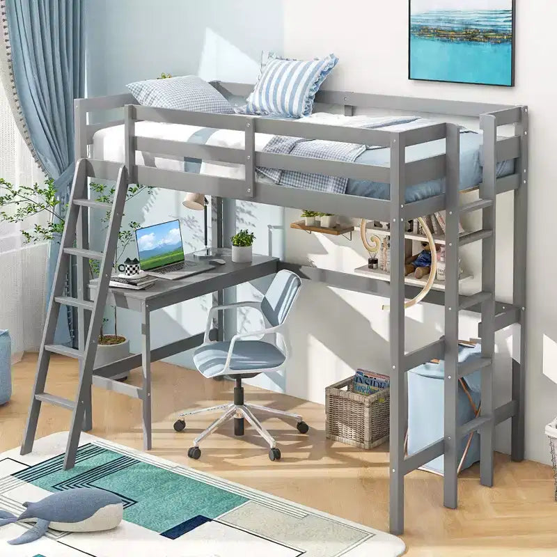 Twin Size Loft Bed w/ Desk & Shelf 2 Ladders & Guard Rail for Kids Teens Bedroom Brown/Grey/White