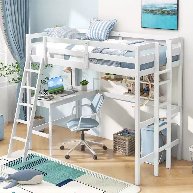 Twin Size Loft Bed w/ Desk & Shelf 2 Ladders & Guard Rail for Kids Teens Bedroom Brown/Grey/White