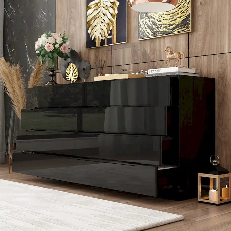Commode 63 à finition haute brillance avec caisson éclairé à 8 tiroirs et plateau spacieux