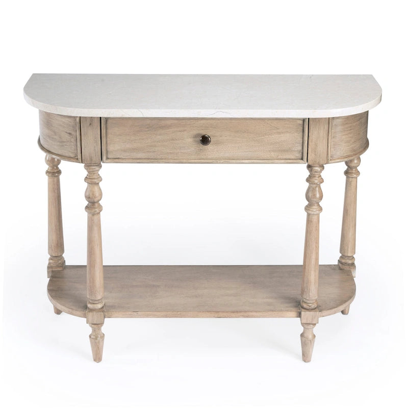Table console avec plateau en marbre – Marron clair / gris / noir délavé, demi-lune, montage par une personne