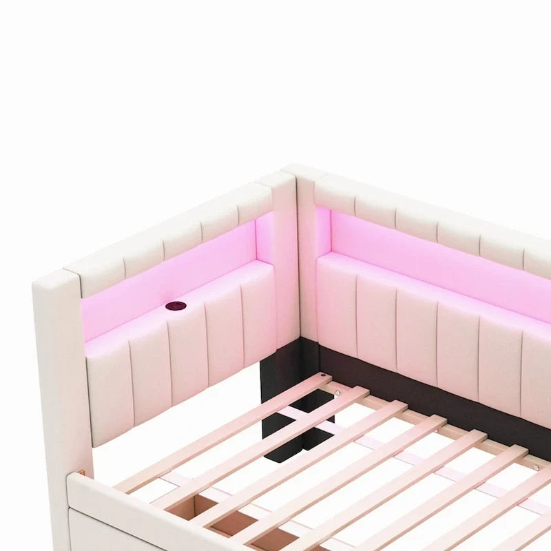Lit plateforme rembourré avec ports USB et éclairage LED - Cadre de lit double/simple avec 2 tiroirs de rangement - Chambre moderne