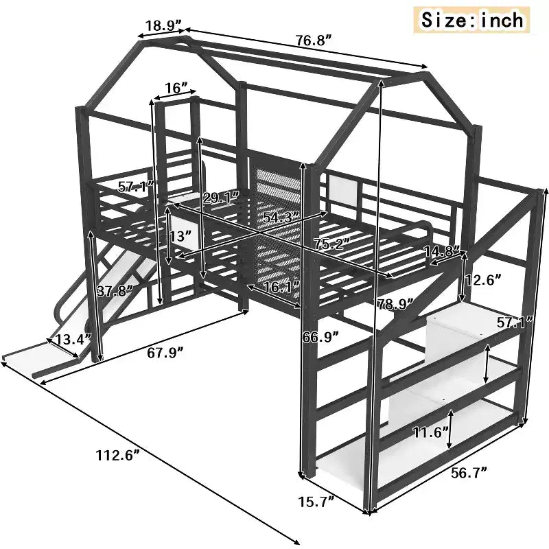 Lit mezzanine cabane avec toboggan et escalier de rangement - Cadre métallique pour enfants et adolescents