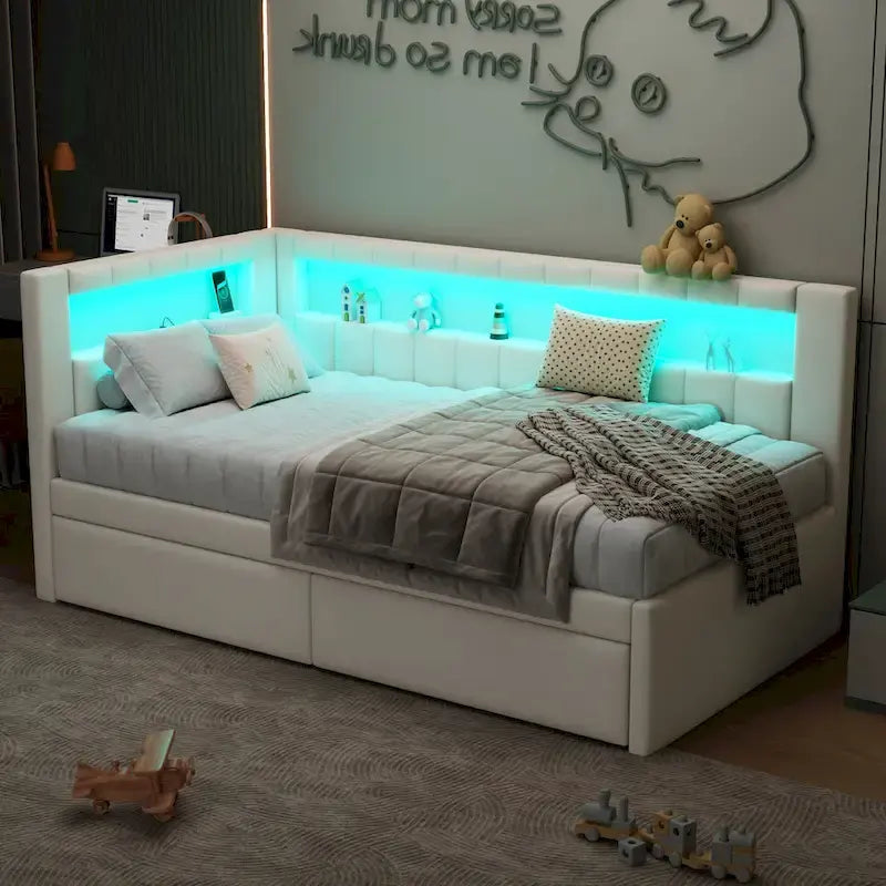 Lit plateforme rembourré avec ports USB et éclairage LED - Cadre de lit double/simple avec 2 tiroirs de rangement - Chambre moderne