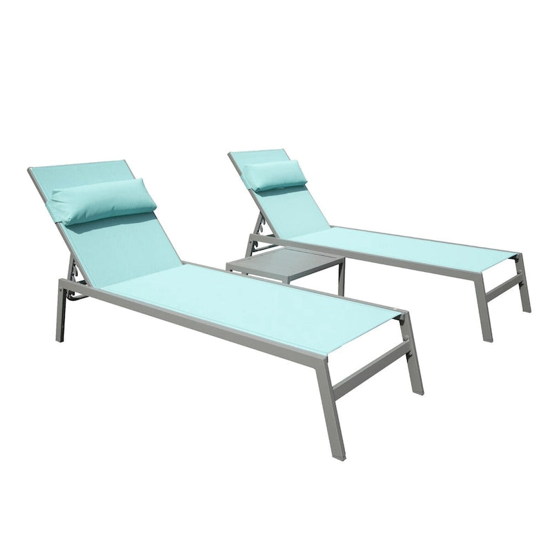 Ensemble de 3 chaises longues de patio, chaises longues de piscine en aluminium avec table d'appoint, fauteuil inclinable réglable extérieur tout temps
