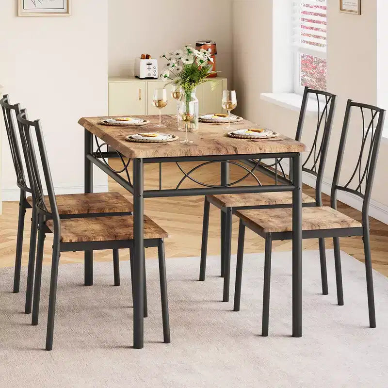 Garvee Dining Table Set of 4, Rectangular Dining Room Table Set with 4 Chairs for Small Space, 5 Piece Kitchen Table, Apartment, Retro Brown