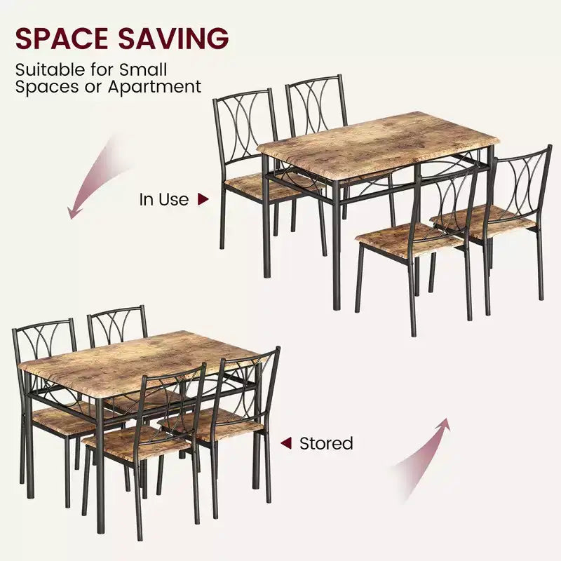 Garvee Ensemble table et 4 chaises de salle à manger, Table de salle à manger rectangulaire avec 4 chaises pour petits espaces, Table de cuisine 5 pièces, Appartement, Marron Rétro