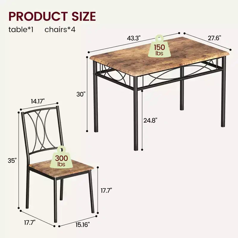 Garvee Ensemble table et 4 chaises de salle à manger, Table de salle à manger rectangulaire avec 4 chaises pour petits espaces, Table de cuisine 5 pièces, Appartement, Marron Rétro