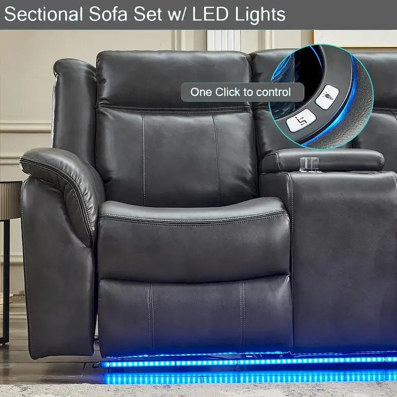 Canapé d'angle inclinable électrique avec lumières LED, fauteuil inclinable en similicuir, porte-gobelets en forme de L, port USB pour salon noir
