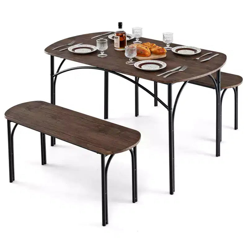 Ensemble de salle à manger Costway 3 pièces, table rectangulaire de 122 cm et 2 bancs pour 4 personnes, cadre en métal