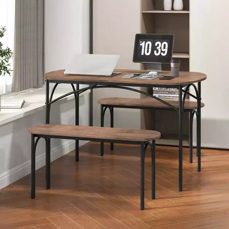 Ensemble de salle à manger Costway 3 pièces, table rectangulaire de 122 cm et 2 bancs pour 4 personnes, cadre en métal