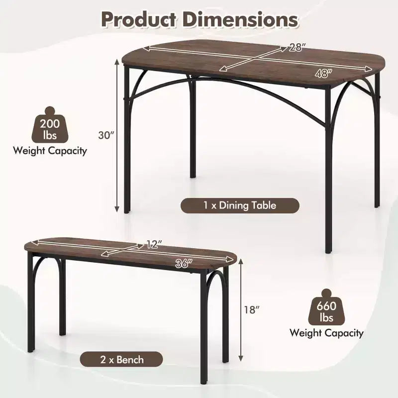 Ensemble de salle à manger Costway 3 pièces, table rectangulaire de 122 cm et 2 bancs pour 4 personnes, cadre en métal