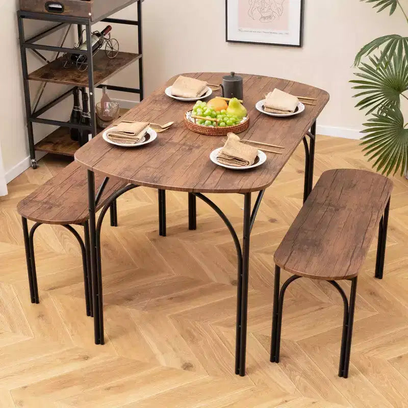 Ensemble de salle à manger Costway 3 pièces, table rectangulaire de 122 cm et 2 bancs pour 4 personnes, cadre en métal