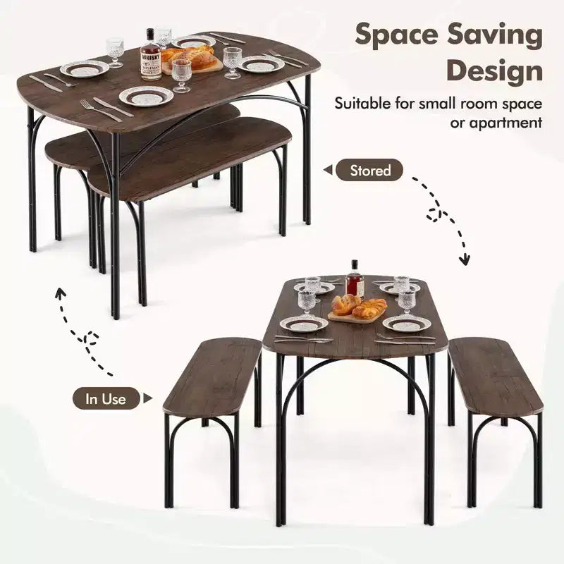 Ensemble de salle à manger Costway 3 pièces, table rectangulaire de 122 cm et 2 bancs pour 4 personnes, cadre en métal