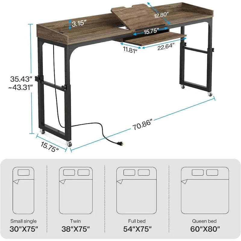Table de chevet réglable en hauteur avec roulettes, chariot mobile pour ordinateur portable avec prises et ports USB